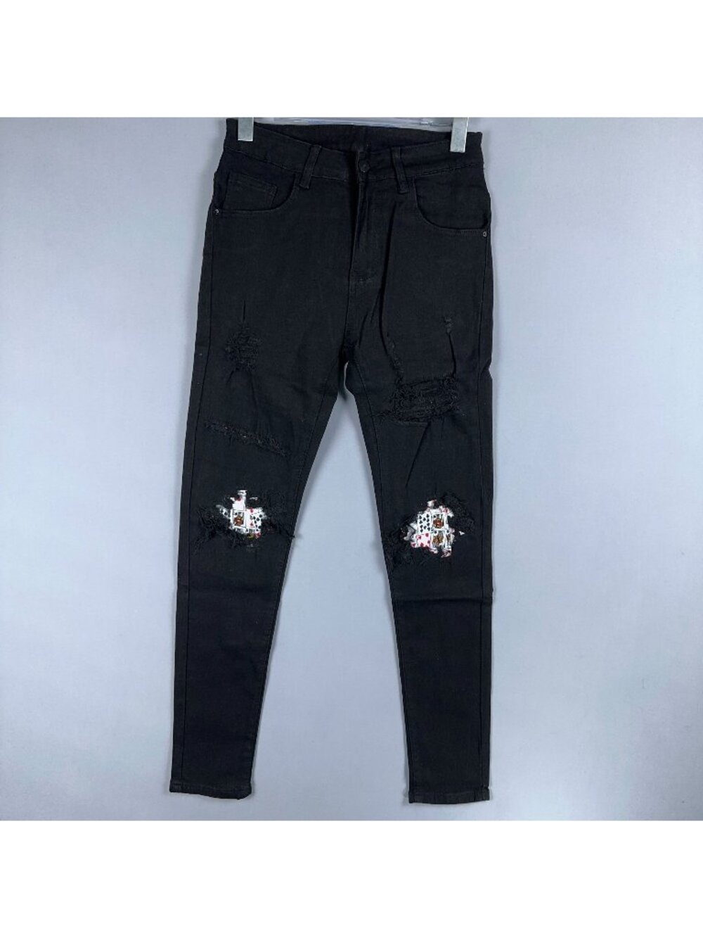 Shein Skinny Jeans Mens Size 29 Black Dark Wash Distressed Floral Patches